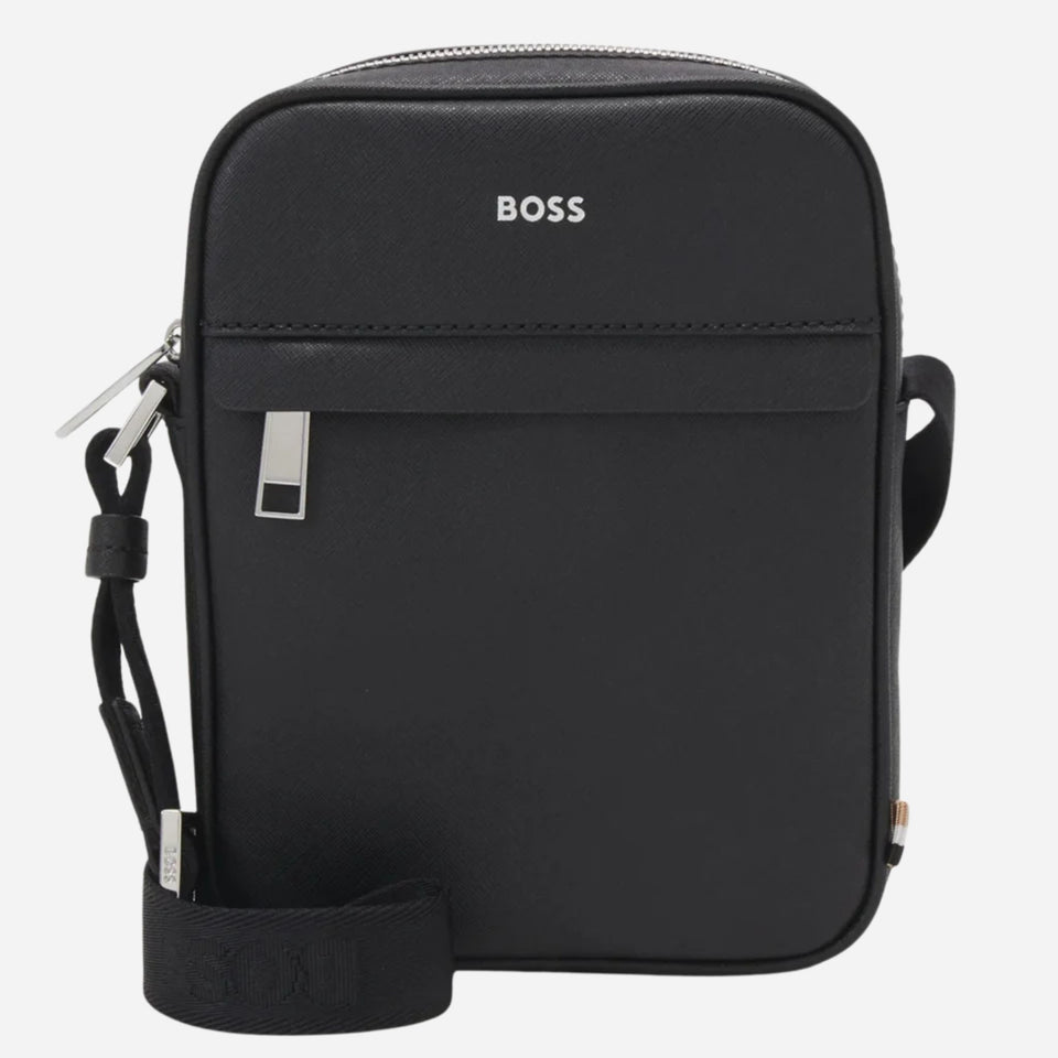 The BOSS Zair NS Zip Black Cross Body Bag with White Logo by BOSS.