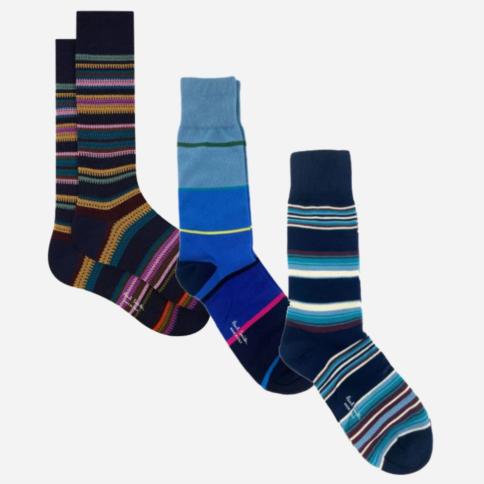 The Men's 3-Pack Navy Mixed Stripe Cotton Socks by Paul Smith.