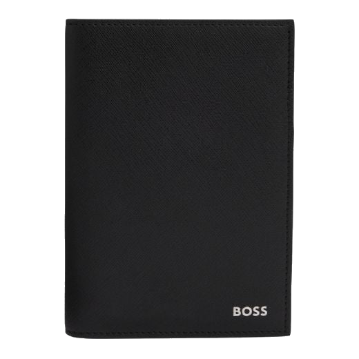 This BOSS Zair Black Textured Faux Leather Passport Cover has the foil embossed brand name on the front in silver.