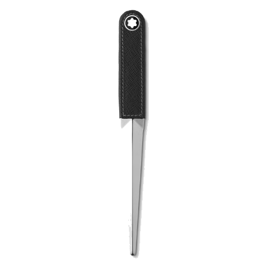 This Montblanc Steel and Saffiano Leather Letter Opener has the snowcap emblem in a dome at the top for branding.
