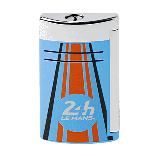 The S. T. Dupont 24Hrs Du Mans Blue & Orange Maxijet Lighter has a striped design with blue and orange.