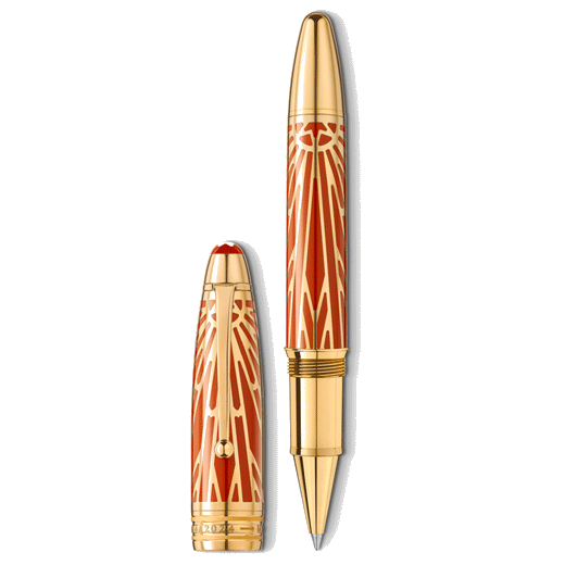 Montblanc's Meisterstück The Origin Collection Coral Solitaire LeGrand Rollerball Pen is made with gold-plating and precious resin.