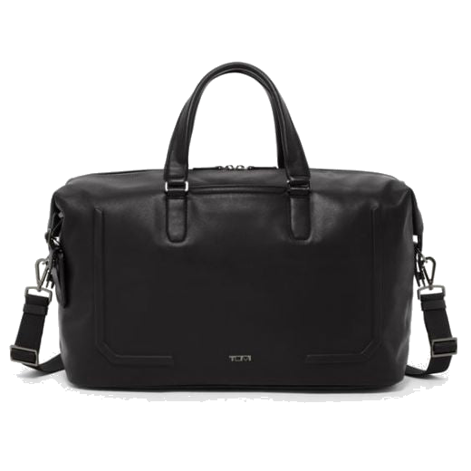 TUMI's Harrison Black Bombe Nelson Duffel Bag has a detachable shoulder strap and two grab handles.