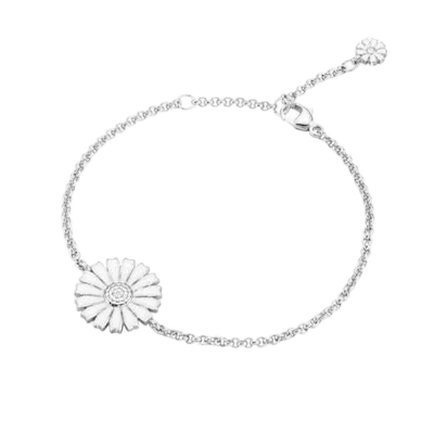 This Sterling Silver Daisy White Enamel Bracelet by Georg Jensen is a delicate bracelet with the centre Daisy embellishment that has been decorated in white enamel.