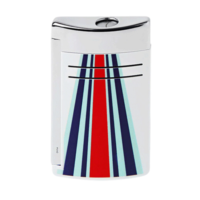 This S.T. Dupont 24Hrs Du Mans White & Chrome Maxijet Lighter has a design that consists of red and blue stripes with the 24hr logo in silver.