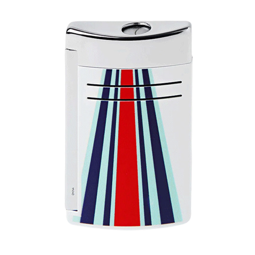 This S.T. Dupont 24Hrs Du Mans White & Chrome Maxijet Lighter has a design that consists of red and blue stripes with the 24hr logo in silver.