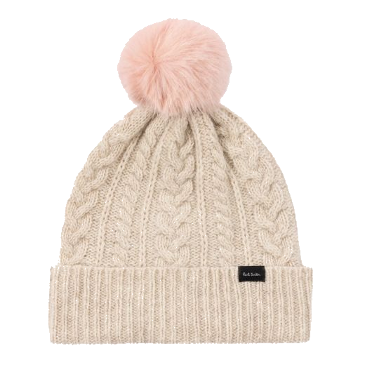 This Paul smith Women's Beige Wool Cable Knit Pom-Pom Beanie Hat has a faux fur pom-pom at the top in a light pink shade to contrast.