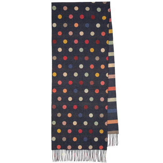 Paul Smith's Spot-Stripe Navy Wool-Cashmere Scarf features frayed edges.