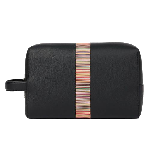 Paul Smith's Black Leather Signature Stripe Wash Bag has a side grab handle so you can easily carry this wash bag.
