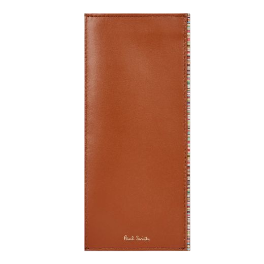 This Paul Smith Tan Leather 'Signature Stripe' Trim Glasses Case has the brand name on the front in gold foiling.