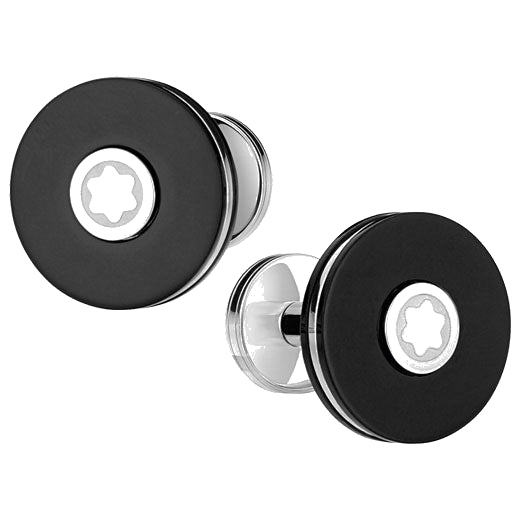 The Montblanc round black precious resin and stainless steel Pix cufflinks.