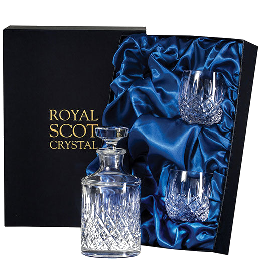 royal scot crystal london round single malt decanter with 2 barrel tumblers packaging