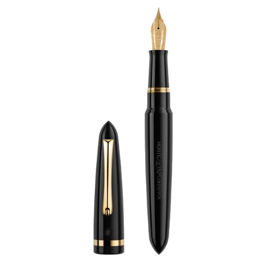 This Montegrappa Venetia Black & Gold Stainless Steel Fountain Pen has polished gold trims including the clip, the nib, and the ring around the cap.