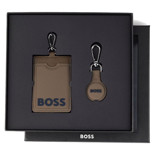 This BOSS Logo Brown Card Holder & Airtag Holder Keyring Set comes in a presentation box.