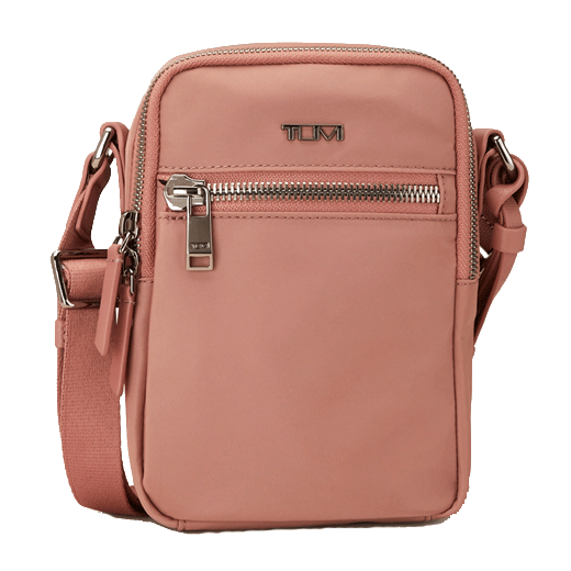 This TUMI Voyageur Dusty Pink Persia Cross Body Bag has a front zip pocket and a rear slip pocket.