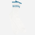 The blue pair from the BOSS 6-Pack of Cotton Blend Quarter Length Socks with Blue & Black Large Logo.