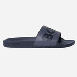 Side view of the Aryeh Navy Blue Italian Made Slides with Large Black Logo.