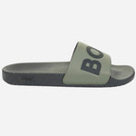 Side view of the Aryeh Open Green Italian Made Slides with Large Black Logo.