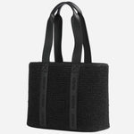 Back view of the BOSS Becky Black Raffia Tote Bag with Embossed Hugo Detailing.