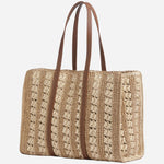 Back view of the BOSS Beyond Raffia Tote Bag with Brown Trims and Double 'B' Monogram Logo.