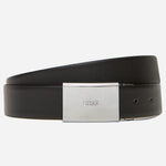 The plaque buckle and black leather option from the BOSS Black and Brown Reversible Gert-D Gb35 Plaque and Pin Buckle Belt.