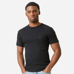 The front of the black shirt in the BOSS Men's Black and White Cotton Classic Rib Crew Neck T-Shirt 2-Pack.