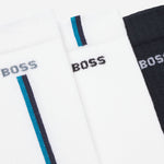 Close up of the BOSS Pack of 3 White & Navy Quarter Length Viscose Bamboo Blend Socks.