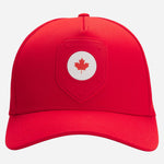 Front view of the BOSS Poulin-BC D'LUX-Flag Red Polyester Twill Cap with Canada Flag Badge.