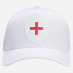 Front view of the BOSS Poulin-BC D'LUX-Flag White Polyester Twill Cap with England Flag Badge.