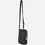 Back view of the BOSS Ray Black Faux Leather Neck Clutch Bag N with Logo and Signature Three Stripes.