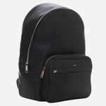 Side view of the Ray MS Black Backpack with Three Stripe and Patterned Detail.