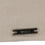 Close up of the BOSS logo on the side of the BOSS Trystan Cream Linen Flat Cap.