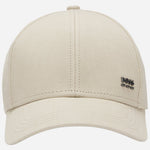 Front view of the BOSS Zed Light Beige Cotton-Twill Cap with Metal Logo and Signature Stripes.