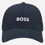 Front view of the BOSS Zed Navy Blue Cotton-Twill Cap with Embroidered White Logo.