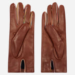 Back view of the Women's Tan Brown Leather Gloves with Signature Stripe.