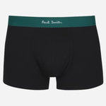 The plain black with green waistband pair from the Men's 5-Pack Plain and Striped Mixed Boxer Briefs in Blue and Black.