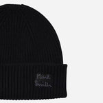 The embroidered logo on the Men's Black Cashmere-Blend Beanie Hat with Embroidered Logo.