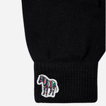 The striped zebra logo on the Black Wool Gloves with Striped Zebra Logo.