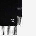 Close up of the edges on the Men's Black Wool Scarf with Fringed Edges and Zebra Logo.