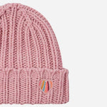 The swirl heart logo on the Women's Pink Lambswool Beanie with Swirl Heart Logo.