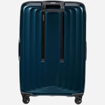 Back view of the Nuon Metallic Dark Blue 75cm Expandable Spinner Suitcase.