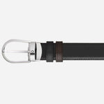 The black leather side of the Montblanc 30 mm Horseshoe Pin Buckle Reversible Black and Ebony Meisterstück Leather Belt.