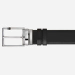 The Meisterstück leather side of the Montblanc 35 mm Reversible Black Sartorial and Meisterstück Leather Belt with Rectangular Pin Buckle.