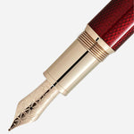 The nib of the Montblanc Burgundy Red Meisterstück Solitaire Golden Hour LeGrand Fountain Pen.
