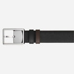 The black Sartorial leather side of the Montblanc 30 mm Rectangular Pin Buckle Reversible Black and Ebony Sartorial Leather Belt.