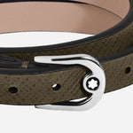Close up of the horseshoe buckle clasp on the Montblanc Khaki Sartorial Leather Bracelet with Horseshoe Buckle.