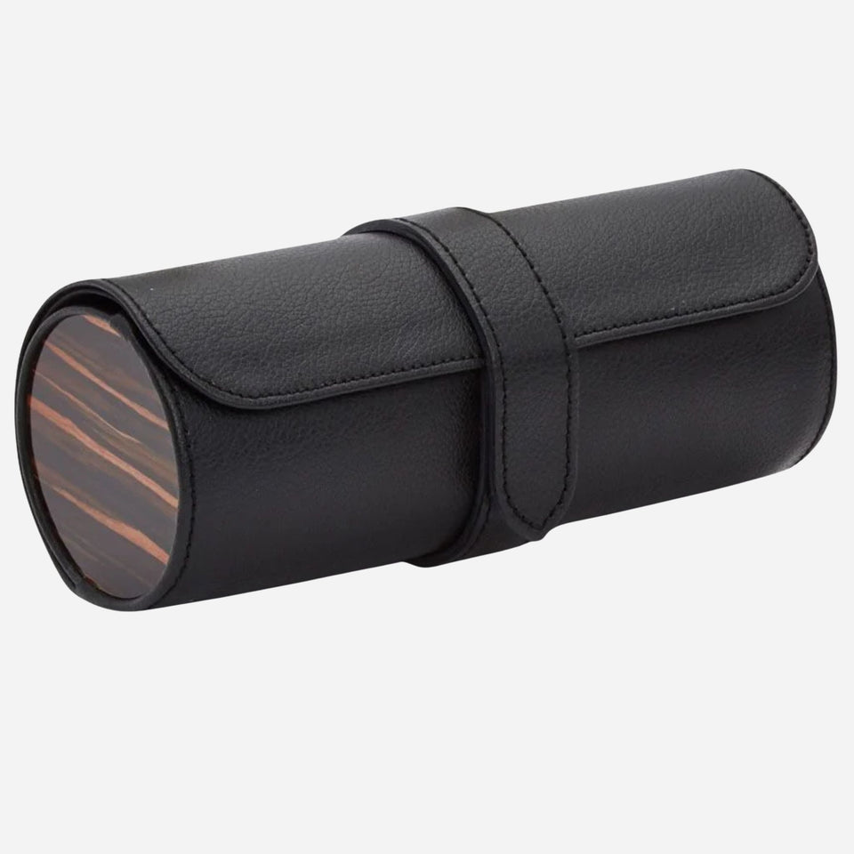 Side view of the Roadster Black and Ebony Macassar Triple Watch Roll.