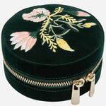 Side view of the Zoe Forest Green Velvet Travel Round Jewellery Case.