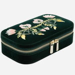 Side view of the Zoe Forest Green Velvet Travel Zip Jewellery Case.