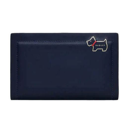 Radley's Heritage Lane Ink Blue Medium Bifold Purse has the Scottie dog in the top corner with the brand name in gold foiling.
